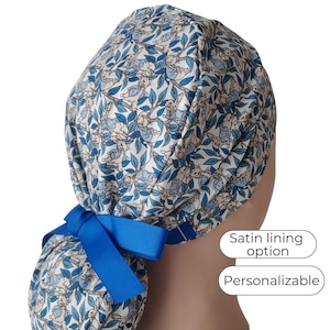 Bunny in Blue Jacket Ponytail Scrub Cap Satin Lined Surgical Hat for Women