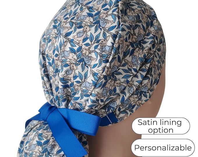 Bunny in Blue Jacket Ponytail Scrub Cap Satin Lined Surgical Hat for Women