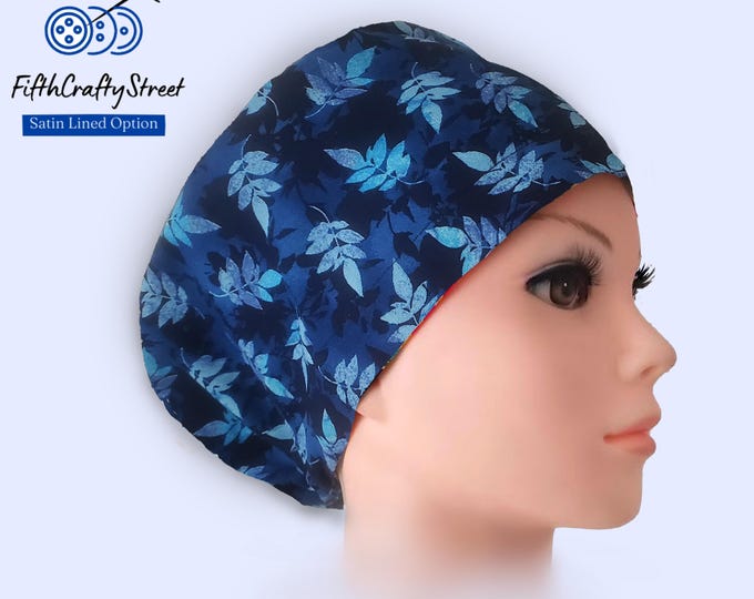 Euro Scrub Caps - Adjustable - Satin Lining option - Blue Pinnate -