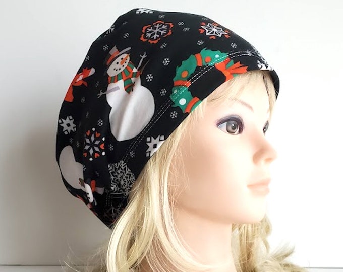 stretchy scrub cup, surgical euro hat, black, Christmas - FifthCraftyStreet