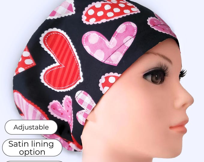 Satin Lined Euro Style Scrub Cap: Black Heart Pattern, Adjustable Fit, Personalization