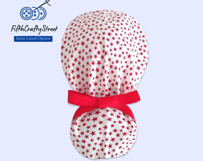 Patriotic - 4th July - Surgical Cap  - Satin Lining option - Red stars on White - FifthCraftyStreet