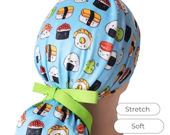 Stretch Ponytail Scrub Cap Blue Sushi Print Adjustable Scrub Hat Medical Hair Cover