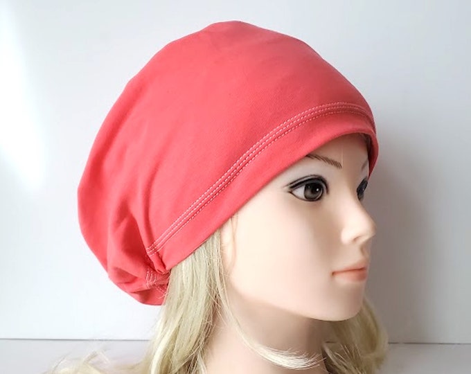 stretchy scrub cup, surgical euro hat, solid Coral organic cotton - FifthCraftyStreet