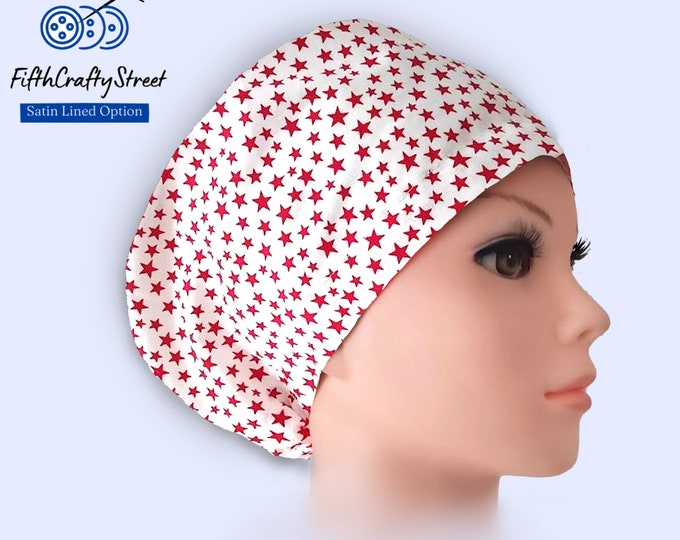 Patriotic - Euro Scrub Cap - Surgical Cap - Silky Satin Lining Option - Red Stars on White - FifthCraftyStreet