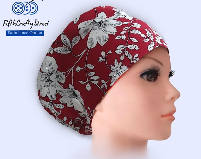 Euro Scrub Caps - Adjustable - Satin Lining option - Floral Maroon White -