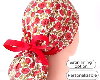 Floral Nurse Hat with Ponytail  - Stylish Comfortable Nursing Cap Satin Lined Option -