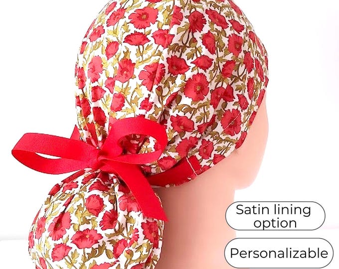 Floral Nurse Hat with Ponytail  - Stylish Comfortable Nursing Cap Satin Lined Option -
