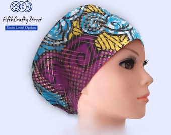 Euro Scrub Cap - African Print with Glitter - Adjustable - Satin Lined option
