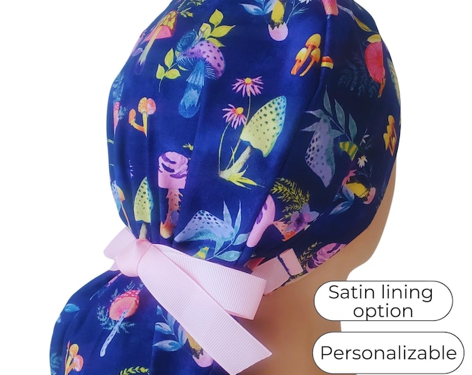 Ponytail Scrub Cap Satin Lined Personalized Surgical Hat : Mushroom Floral Print