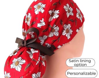 Flower Surgical Scrub Cap Buttons and Satin Lined Option -