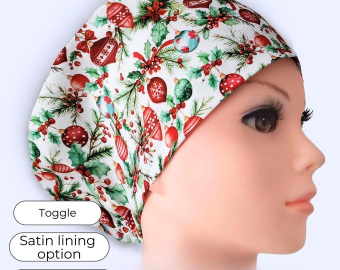 Christmas Euro Scrub Cap Satin Lined Option Adjustable Surgical Hat with Toggle