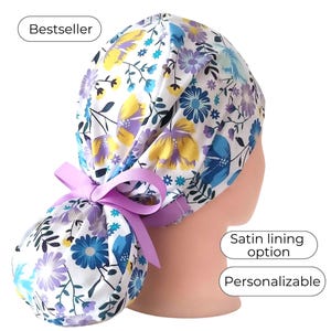 Ponytail Scrub Cap Satin Lined Personalized Scrub Hat for Women : Yellow Blue Floral