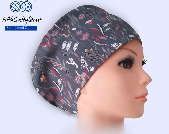 Euro Scrub Caps - Adjustable - Floral Grey - Satin Lined - FifthCraftyStreet