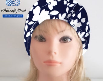 Stretchy Scrub Caps - Surgical Euro Scrub Cap - Navy White Floral - FifthCraftyStreet