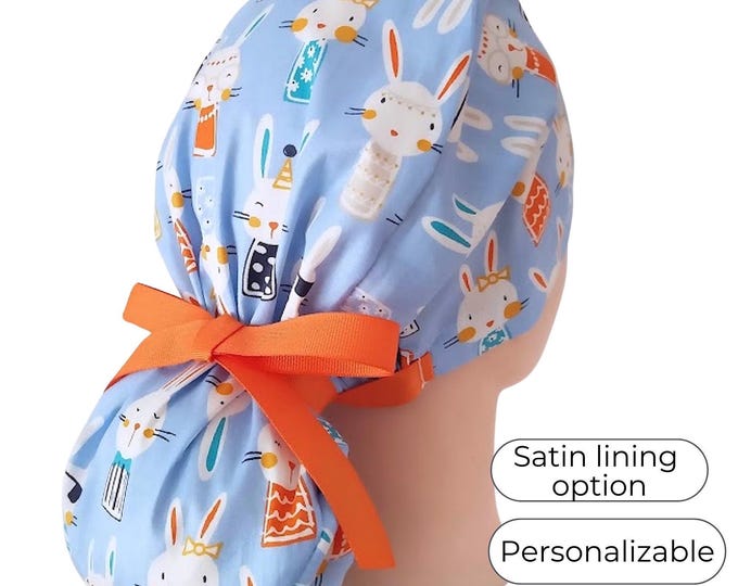 bunny scrub caps, surgical cap ponytail, cotton, Silky Satin Lined option -