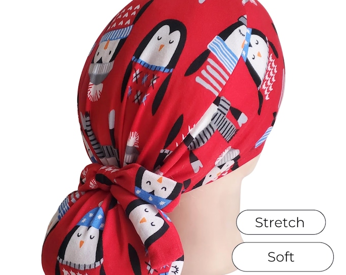 Christmas Snowman Print Ponytail Scrub Cap: Adjustable Holiday Surgical Hat