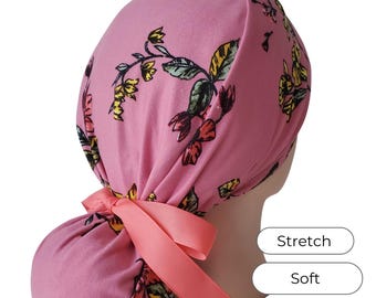 Stretch Ponytail Scrub Cap: pink floral print adjustable medical hair cover