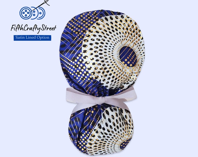 Scrub Cap with Ponytail holder - African print Waxed Cotton with Glitter - FifthCraftyStreet