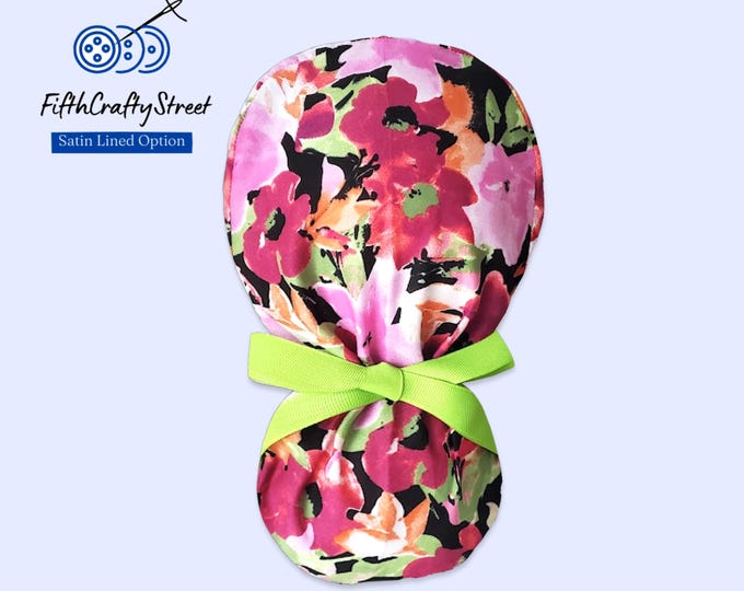 Floral Ponytail Scrub Cap for Women - Surgical Cap with Satin Lining Option - lightweight Cotton - FifthCraftyStreet