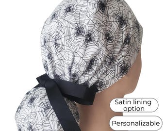 Silk Webs- Scrub Cap Ponytail - Surgical Cap Halloween - with Satin Lining option - FifthCraftyStreet