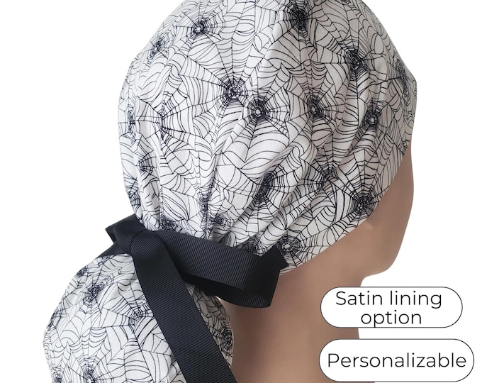 Silk Webs- Scrub Cap Ponytail - Surgical Cap Halloween - with Satin Lining option - FifthCraftyStreet