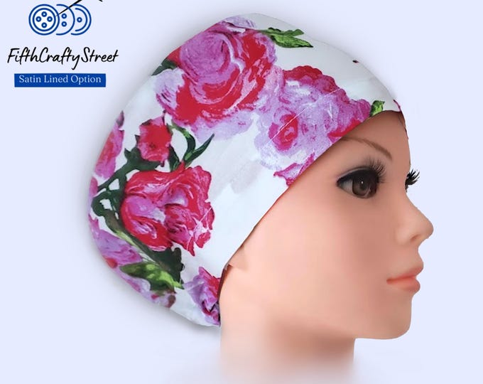 Floral Euro Scrub Cap: Lightweight Cotton, Satin Lined, Adjustable