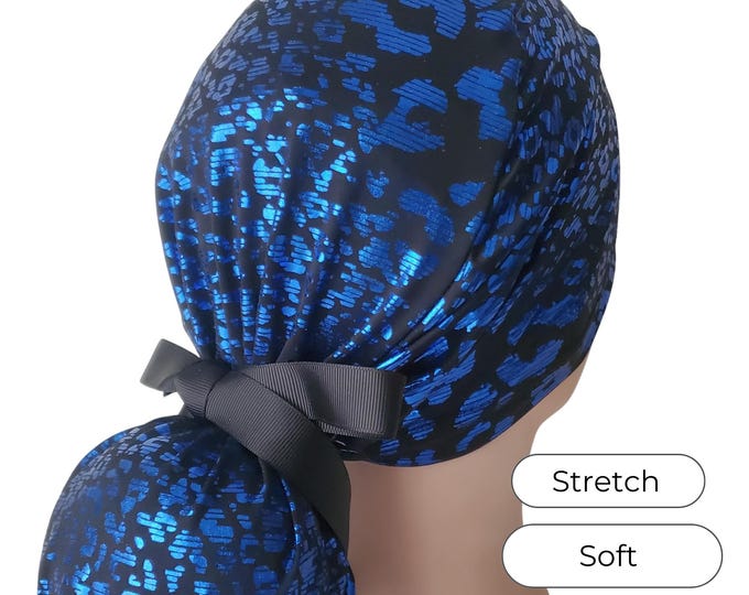Stretch Ponytail Scrub Cap: blue metallic holographic animalprint adjustable nurse scrub hat
