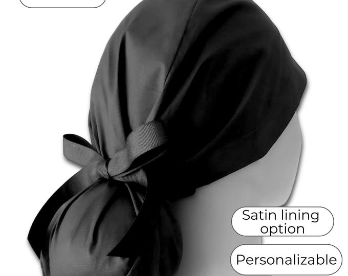 Solid Black Ponytail Scrub Cap for Women - Surgical Cap with Satin Lined Option - FifthCraftyStreet