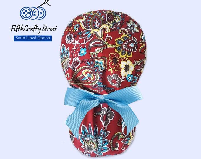 Ponytail Scrub Cap for Women - Surgical Cap - Satin Lining Option - Floral - FifthCraftyStreet