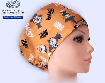 Euro Scrub Cap - Adjustable - Satin Lining option - Halloween Boo Bluey