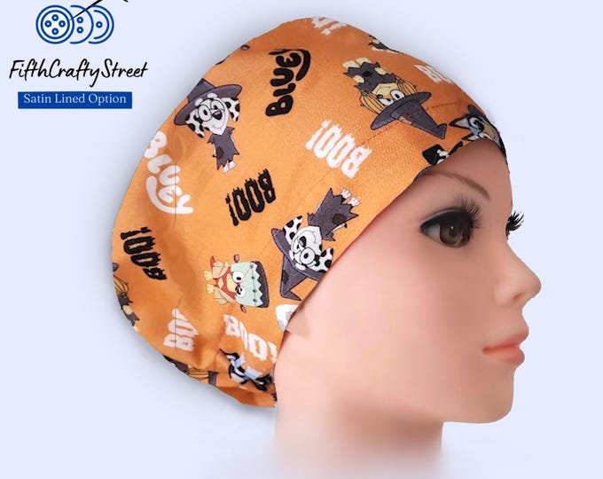 Euro Scrub Cap - Adjustable - Satin Lining option - Halloween Boo Bluey