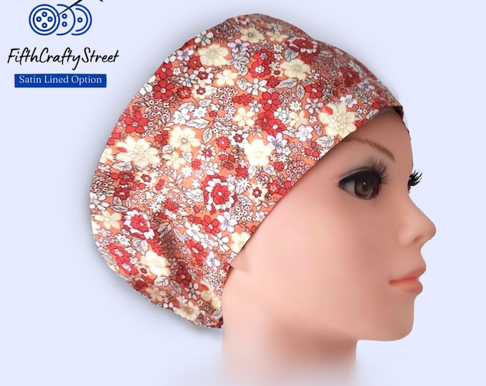 Euro Style Scrub Cap - Adjustable - Satin Lining option - Blue Floral - FifthCraftyStreet