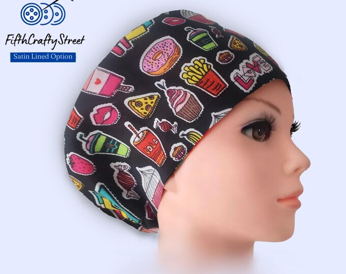 Euro Scrub Caps - Adjustable - Satin Lining option - Snack Attack -