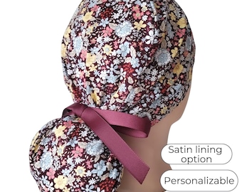 Floral Ponytail Scrub Cap: Satin Lined Cotton Surgical Hat