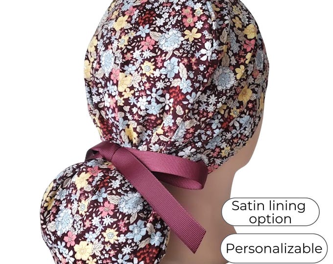 Floral Ponytail Scrub Cap: Satin Lined Cotton Surgical Hat