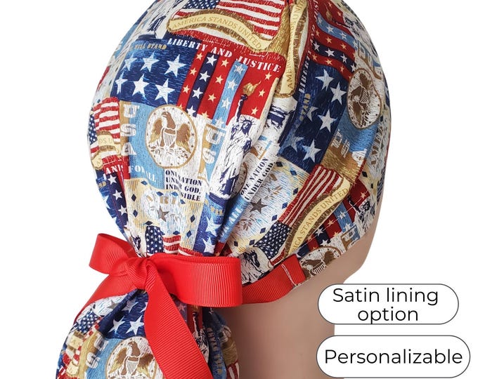Ponytail Scrub Cap: Patriotic Flag, Satin Lining and Personalization Option