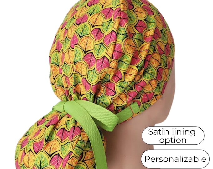 Ponytail Scrub Cap - African Sunset Geo Leaf - Nurse Hat - Silky Satin Lining Option -