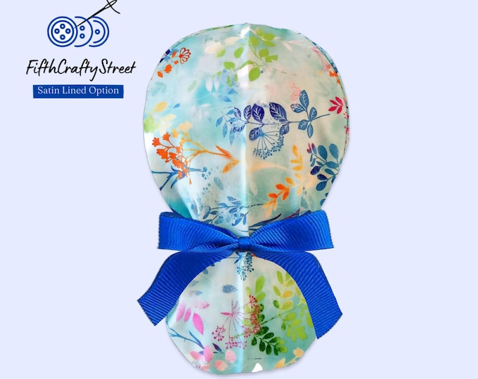 Watercolor Floral Ponytail Scrub Cap for Women - Surgical Cap with Satin Lining Option - FifthCraftyStreet