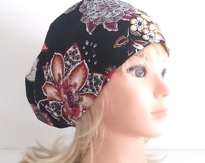 stretchy scrub cup, surgical euro hat, black, handmade quick ship USA - FifthCraftyStreet