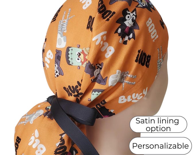Halloween Ponytail Scrub Cap for Women - Boo Bluey- Surgical Cap with Silky Satin Lining
