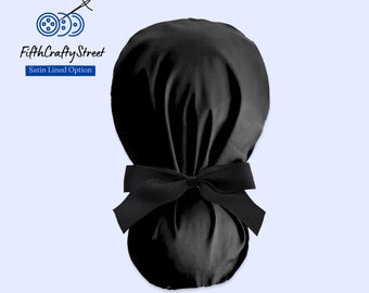 Solid Black Ponytail Scrub Cap for Women - Surgical Cap with Satin Lined Option