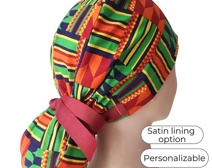 Ponytail scrub cap - Surgical Caps - geometric pattern - Satin Lined Option - FifthCraftyStreet