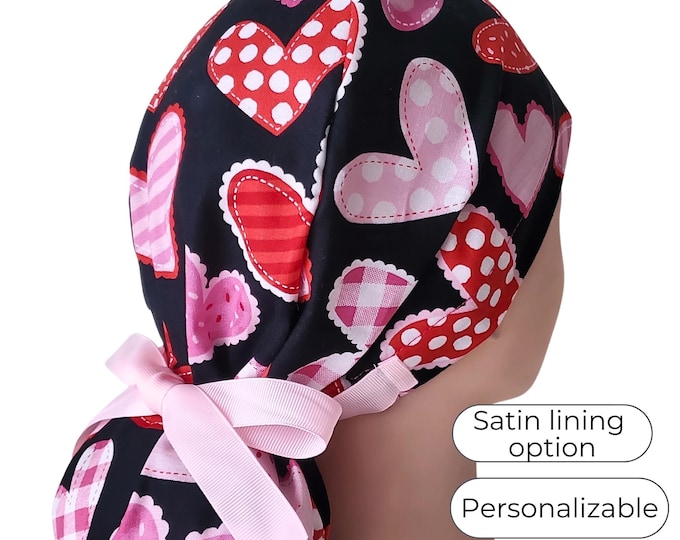 Ponytail Scrub Cap, Black Heart Patchwork Pattern: Personalization, Satin Lining, Buttons Option
