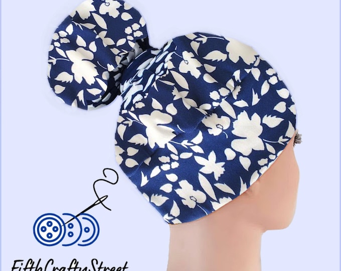 High Bun Scrub Cap, Stretchy Knit Hats, Floral Navy scrub cap - FifthCraftyStreet