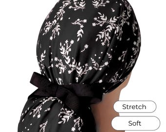 Stretch Ponytail Scrub Cap: black dainty floral print adjustable healthcare cap
