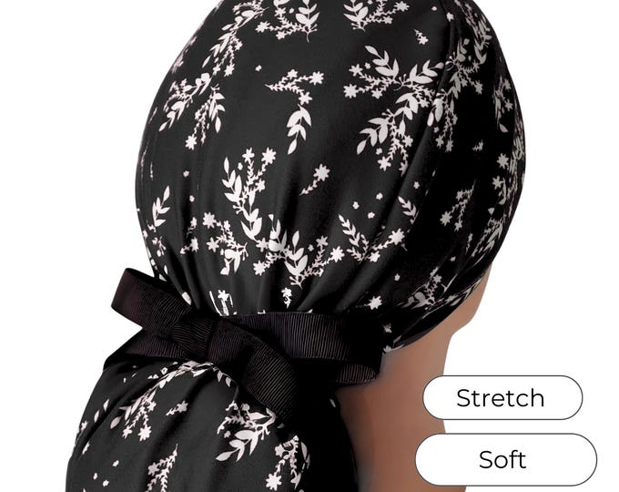 Stretch Ponytail Scrub Cap: black dainty floral print adjustable healthcare cap