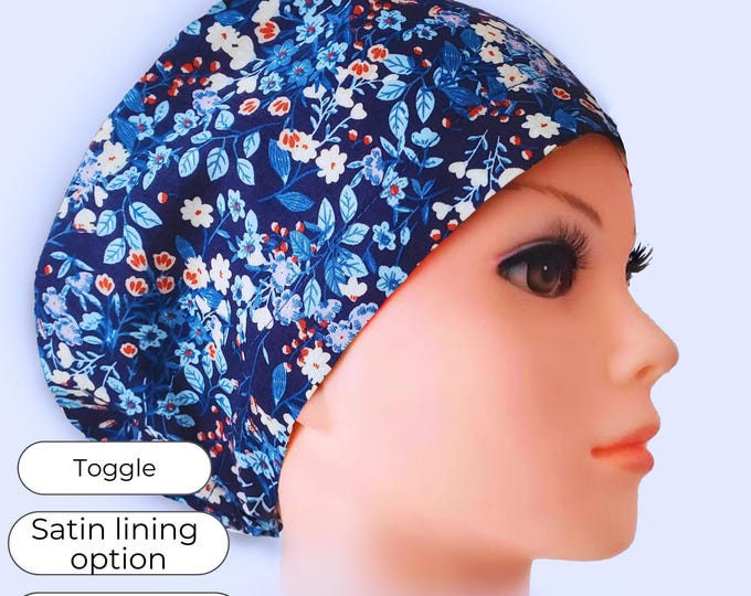 Navy Blue Floral Euro Scrub Cap Satin Lined option Surgical Hat for Women