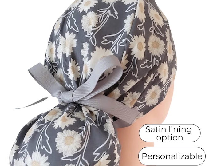 Scrub Hat Ponytail Style with Satin Lining Option: Gray Floral Print