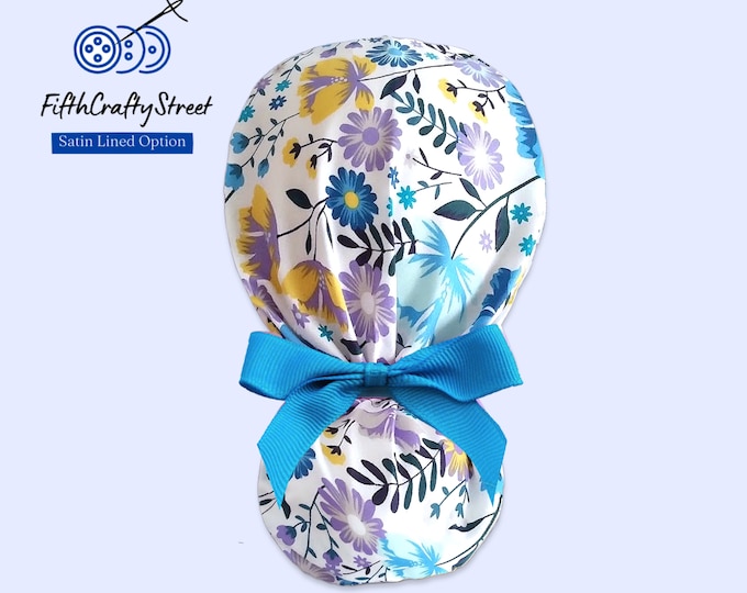 Fall Ponytail Scrub Cap for Women - Floral Surgical Cap with Ponytail Holder - Satin Lined options - FifthCraftyStreet